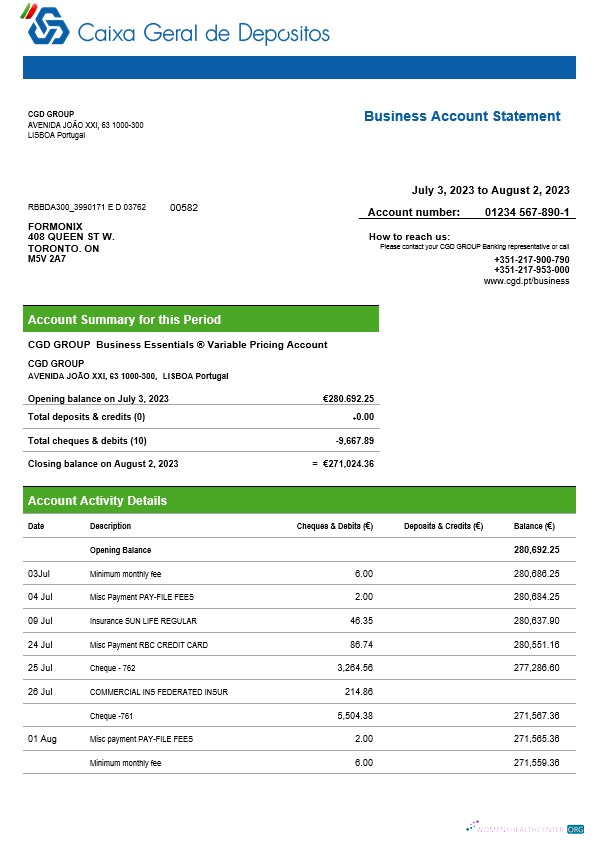 Download Caixa Geral de Depósitos business bank statement Word and PDF template Photoshop template